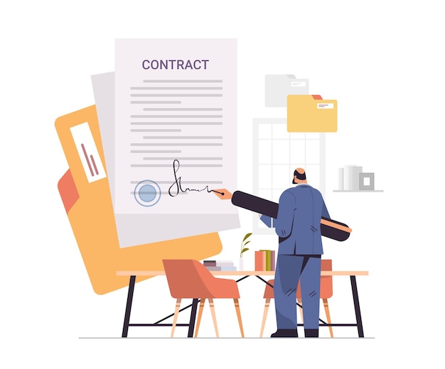 Zakenman werken met papieren documenten zakenman aanmelden contract handtekening overeenkomst concept volledige lengte vectorillustratie