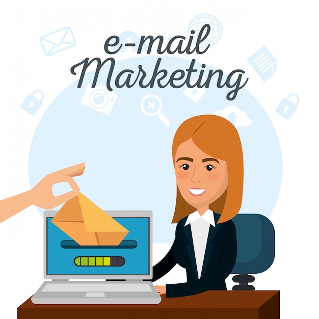 zakenvrouw in het kantoor met e-mailmarketing pictogrammen