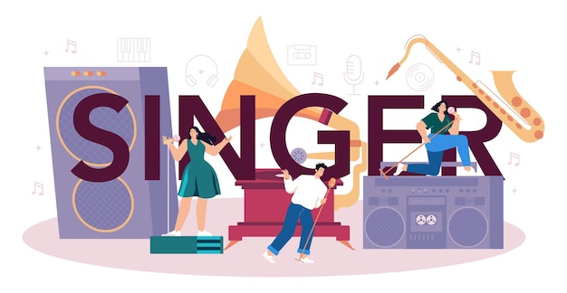 Gratis vector zanger typografische header performer zingt met microfoon op het podium muziekshow live geluidsprestaties vectorillustratie in vlakke stijl