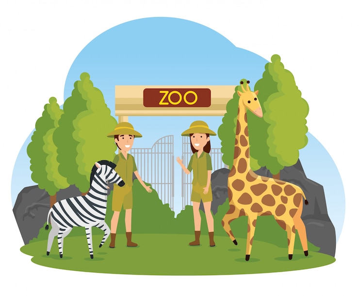 Gratis Vector zebra en giraf wilde dieren met safarimensen
