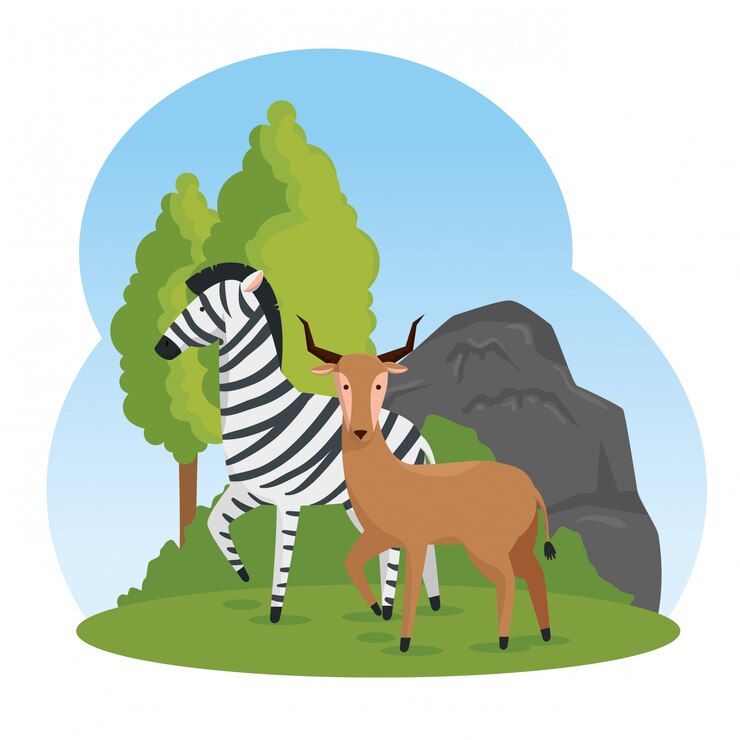 Gratis Vector zebra en herten wilde dieren met bomen