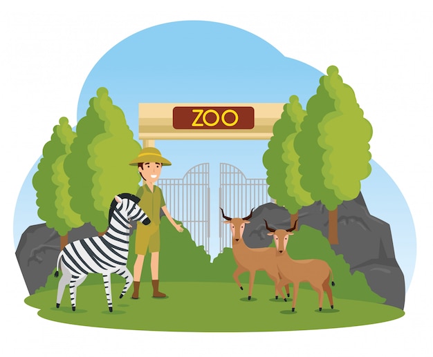 Gratis vector zebra met herten dieren in de dierentuin met safari man