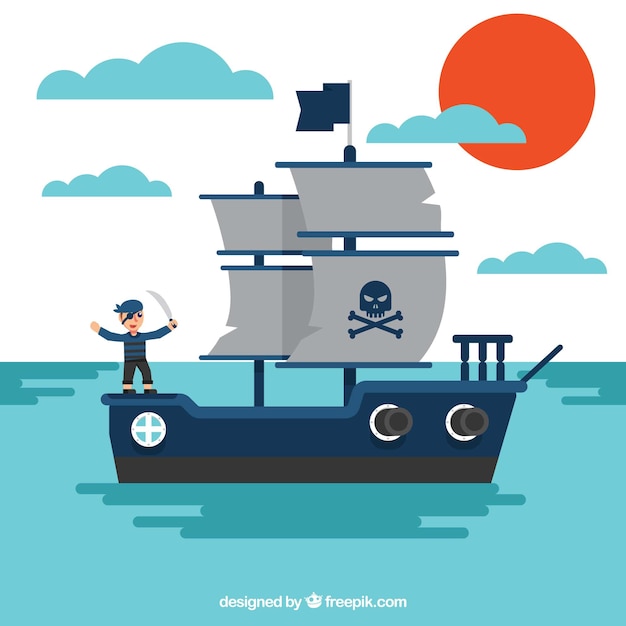 Gratis vector zee achtergrond met piraat schip