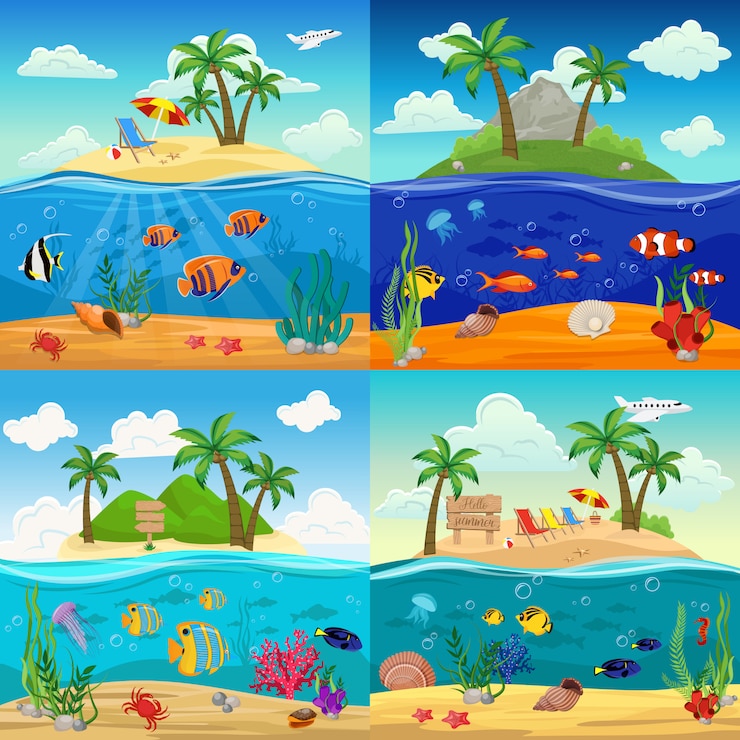 Gratis Vector zee onderwater leven illustratie set met vissen zeepaardje kwallen zeester schelpen krab zeewier op tropisch eiland landschap