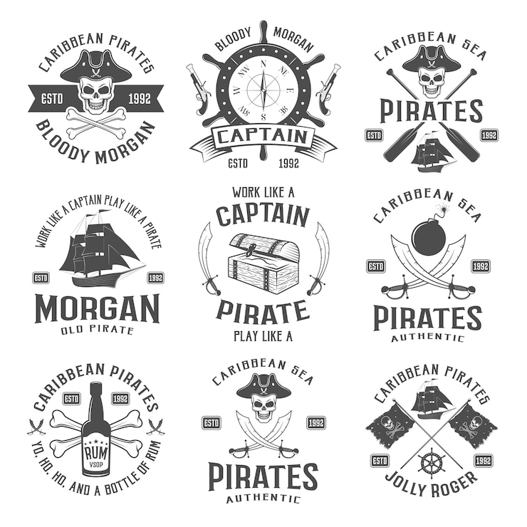Gratis Vector zee rovers zwart-wit emblemen met piraat symbool kompas wapens zeilboot rum fles borst lint geïsoleerde vectorillustratie
