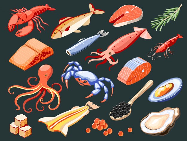 Zee voedsel geïsoleerde isometrisch gekleurde pictogrammen met zalm filet calamares kaviaar mosselen krabben oesters haai vlees illustratie