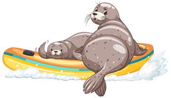 Zeehonden op opblaasbare boot in cartoonstijl