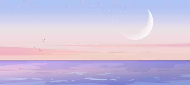 Zeelandschap met maan en sterren aan de hemel in de vroege ochtend Vectorbeeldverhaalillustratie van vreedzame natuurscène met zeegezicht, oceaanlagune of meer na zonsondergang