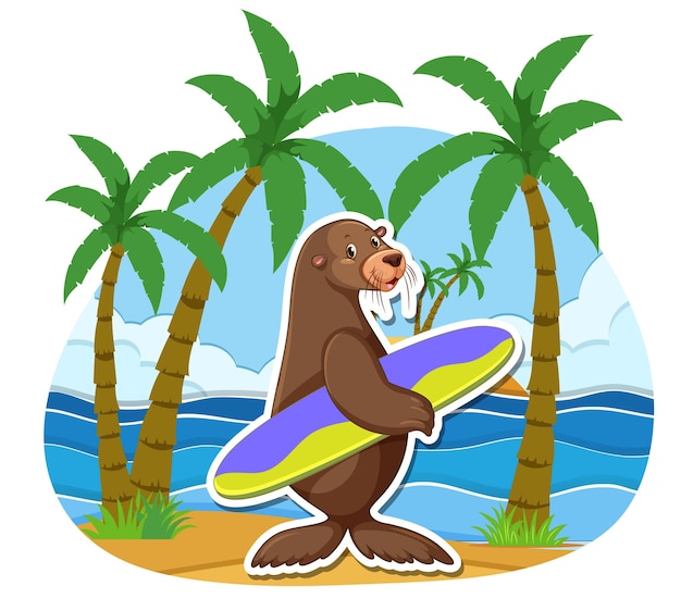 Gratis vector zeeleeuw met surfplank op het strand