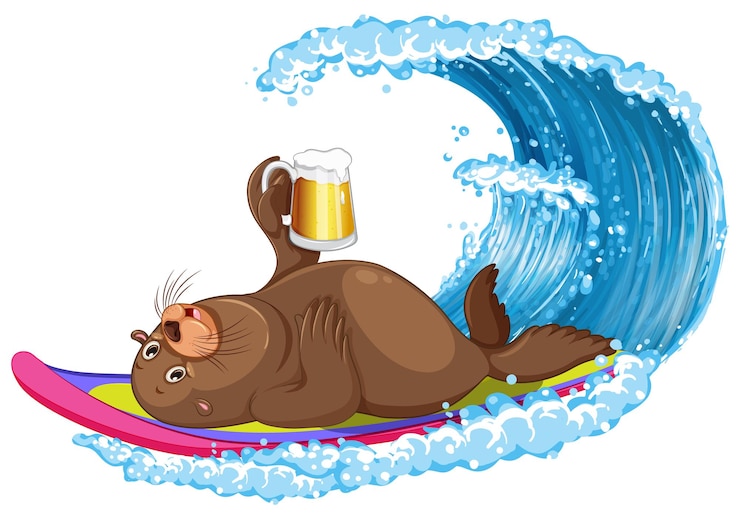 Gratis Vector zeeleeuw op surfplank met watergolf