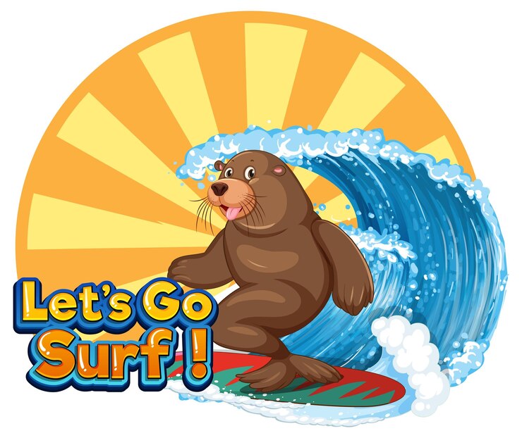 Gratis Vector zeeleeuw stripfiguur met laten we gaan surfen woord