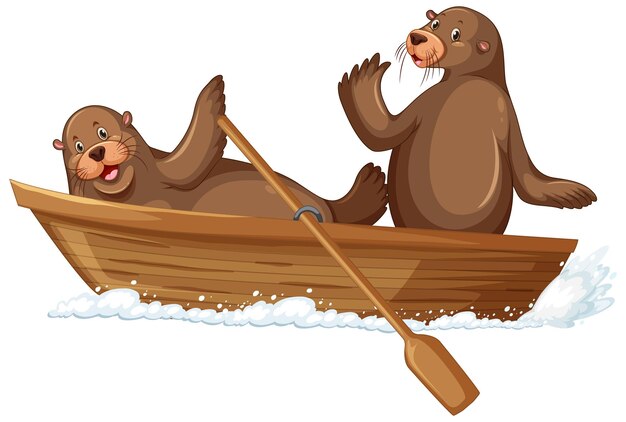 Zeeleeuwen op houten boot in cartoonstijl
