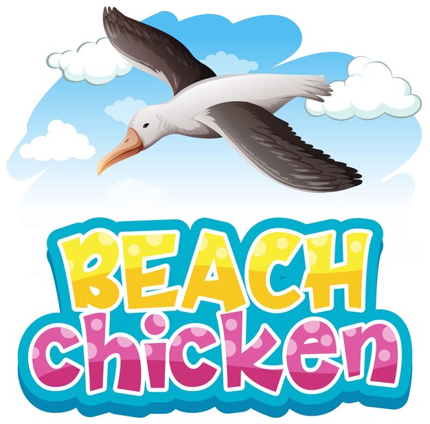 Zeemeeuw vogel stripfiguur met Beach Chicken lettertype banner geïsoleerd