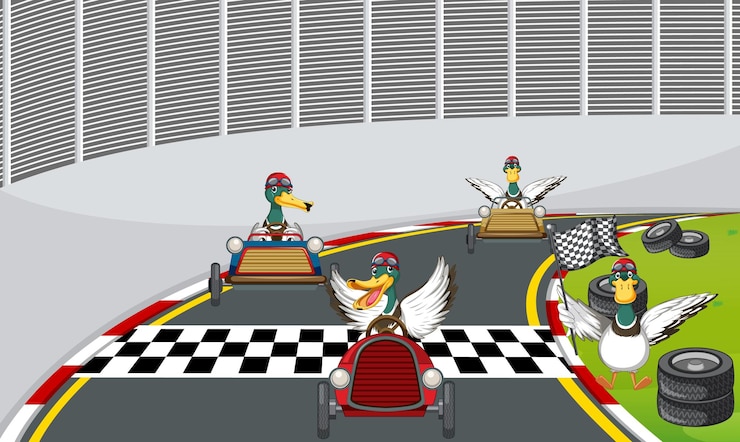 Gratis Vector zeepkist derby race met eenden stripfiguur