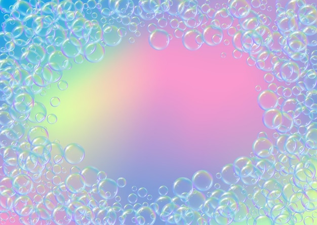 Zeepschuim op achtergrond met kleurovergang Realistische waterbellen 3D Cool regenboogkleurig vloeibaar schuim met shampoobellen Horizontale cosmetische flyer en uitnodigen Zeepschuim voor bad en douche Vector Eps10