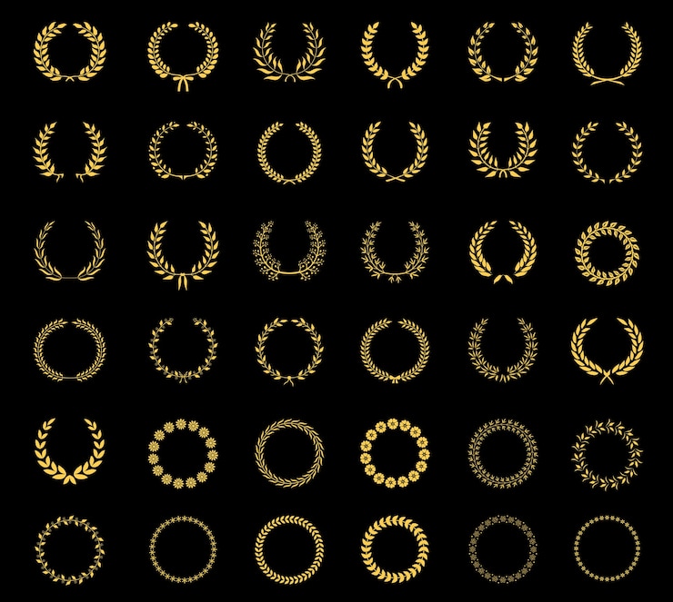 Gratis Vector zeer grote set van zesendertig verschillende vector lauriertarwe bloemen- en bladkransen en ronde frames voor onderscheidingen