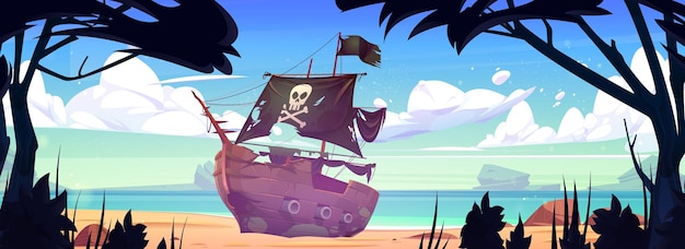 Gratis vector zeestrand met gebroken piratenschip na schipbreuk