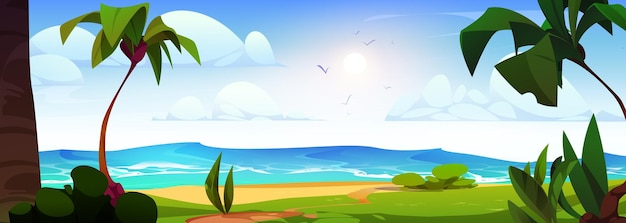 Gratis vector zeestrandlandschap met palmbomen