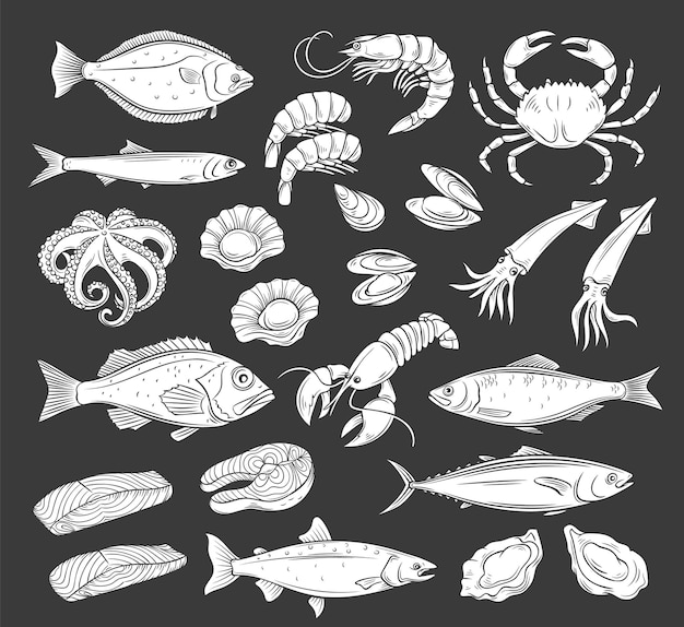 Zeevruchten pictogrammenset, wit op zwart. glyph monochrome haringinktvis, octopus, zalm, heilbotoesters en sint-jakobsschelpen. gegraveerde vectorillustratie van kreeft, rode baars, krab, tonijn, schaaldieren en mosselen.