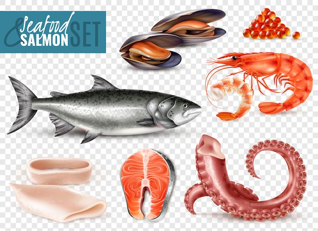 Gratis vector zeevruchten realistische set met hele verse zalm garnalen inktvis plakjes octopus tentakels mosselen transparant