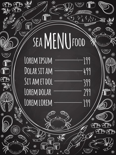 Zeevruchten schoolbord menu met een centraal ovaal frame met een prijslijst omgeven door witte vector lijntekeningen van vis calamares kreeft krab sushi garnalen garnalen mossel zalm steak en kruiden