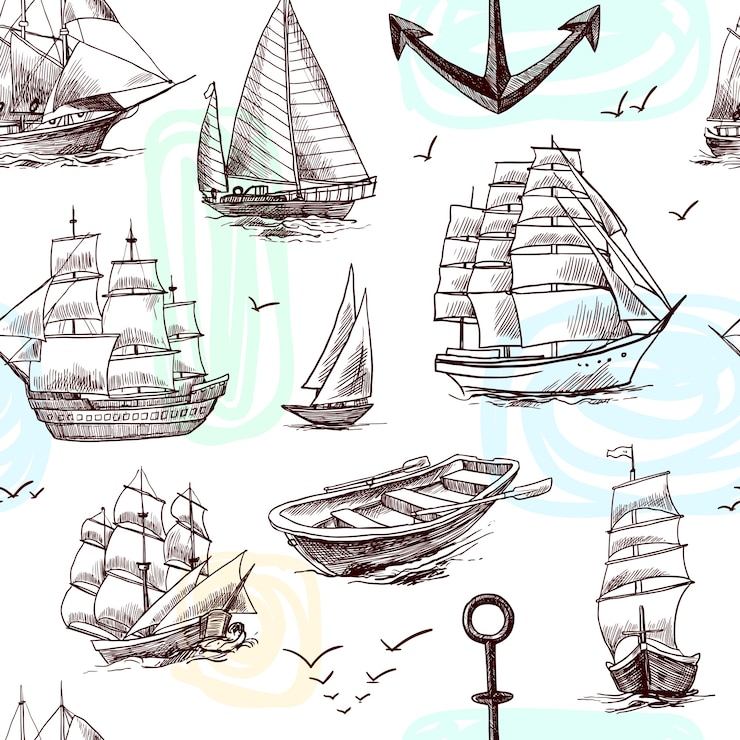 Gratis Vector zeilen lang schepen fregatten brigantijn clipper jachten en boot schets naadloze patroon vector illustratie