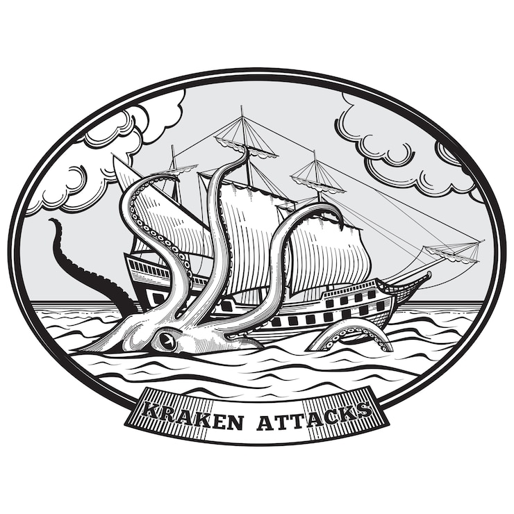 Gratis Vector zeilschip en kraken monster octopus embleem hand getrokken stijl. tentakel oceaan, natuurreus, vectorillustratie