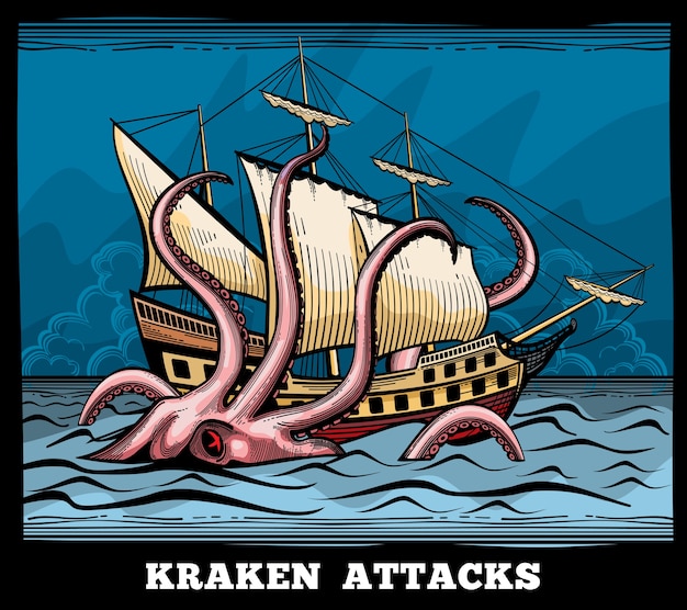 Gratis vector zeilschip en kraken monster octopus vector logo in cartoon stijl. inktvis met tentakelmythe, avontuurlijke reisillustratie