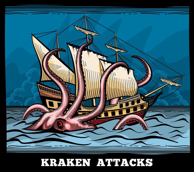 Zeilschip en Kraken monster octopus vector logo in cartoon stijl. Inktvis met tentakelmythe, avontuurlijke reisillustratie