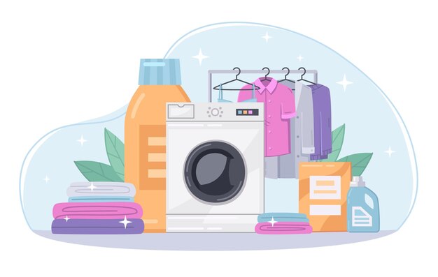 Zelfbediening wasapparatuur accessoires cartoon achtergrond samenstelling met wasmachine gevouwen schoon beddengoed hangende shirts vectorillustratie