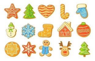 Gratis vector zelfgemaakte peperkoek cookies vector illustraties set. koekjes van verschillende vormen: boom, huis, ster, sok, rendieren, sneeuwvlokken geïsoleerd op een witte achtergrond. wintervakantie, eten, dessertconcept