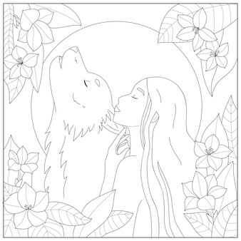Zentangle kleurplaat met portret van schoonheidsvrouw en wolf