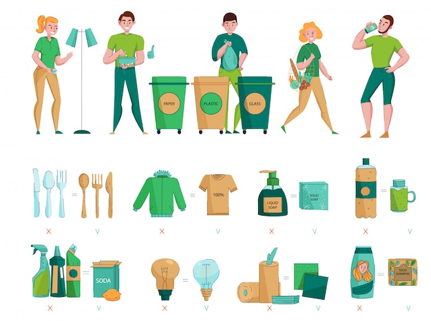 Gratis vector zero waste beschermende omgeving verzamelen sorteren kiezen natuurlijke natuurlijke duurzame materialen plat pictogrammen afbeeldingen instellen