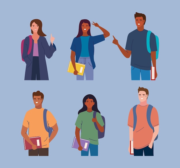 Gratis vector zes jonge studentenpersonages