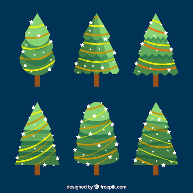 Gratis vector zes kerstbomen versierd met kerstverlichting