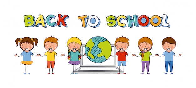 zes kinderen terug naar school met de wereldillustratie