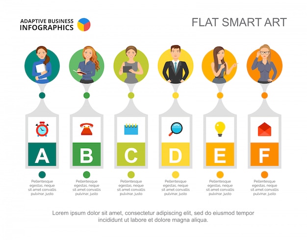 Gratis vector zes managers verwerken grafieksjabloon voor presentatie. visualisatie van bedrijfsgegevens