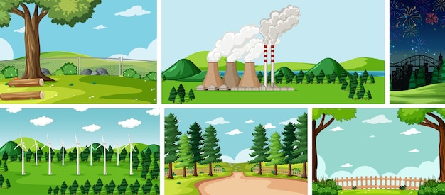 Zes natuurtaferelen met verschillende locaties