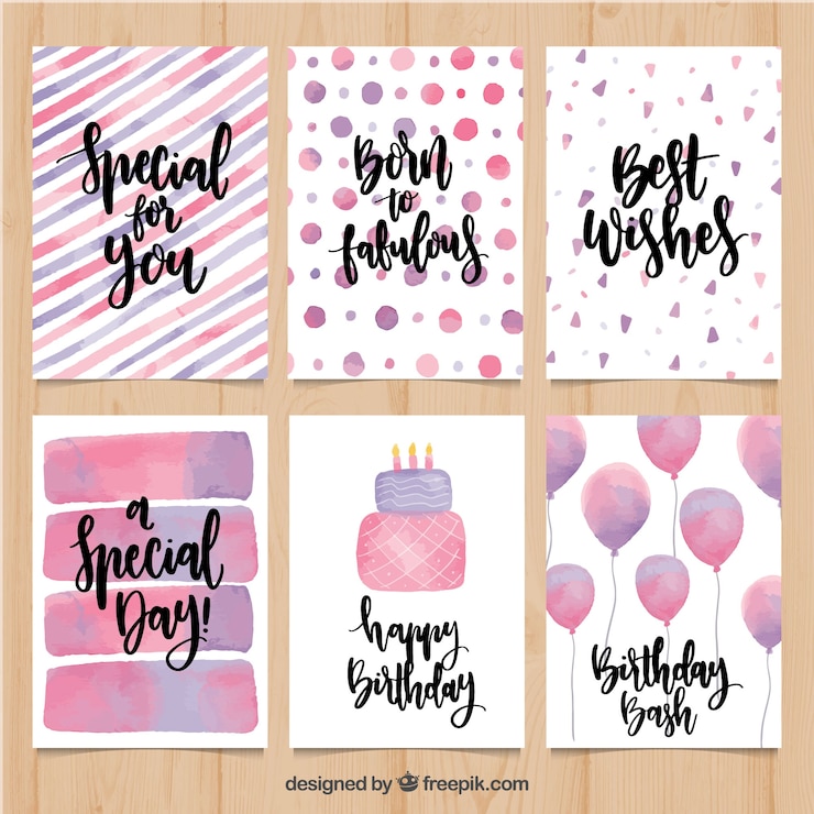 Gratis Vector zes roze aquarel verjaardagskaarten