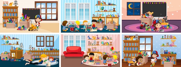Gratis vector zes scènes met spelende kinderen in de kamerillustraties