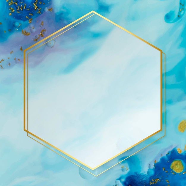 Zeshoekig gouden frame op abstracte blauwe aquarel