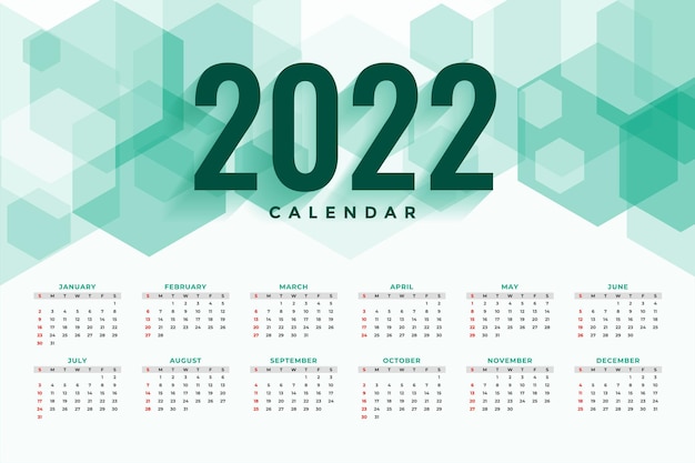 Gratis vector zeshoekige stijl nieuwjaar 2022 kalendersjabloon