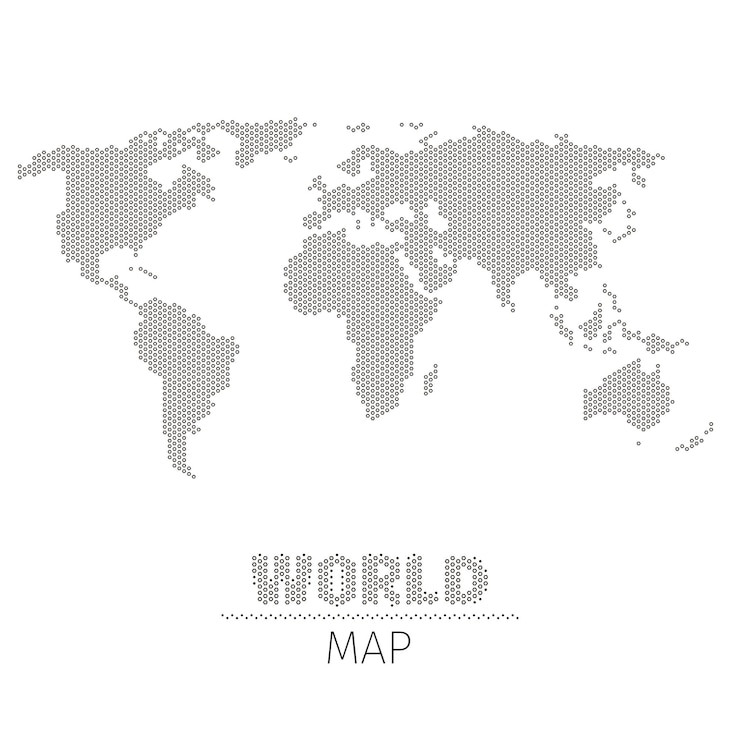 Gratis Vector zeshoekige stippen wereldkaart op witte achtergrond afbeelding. wereldkaart in zwart-wit stijl, kaart voor geografie en visualisatie infographic