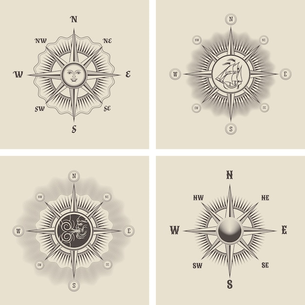 Gratis vector zet de windroos in oude retrostijl.