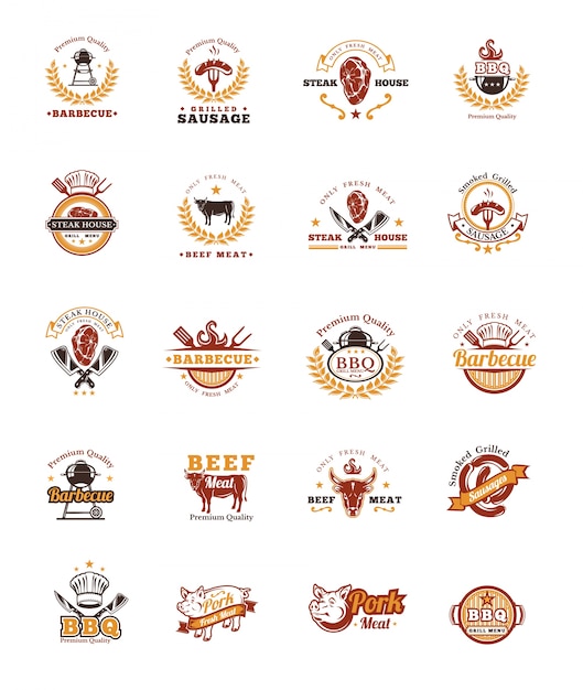 Gratis vector zet grill en barbecue badges, stickers, emblemen