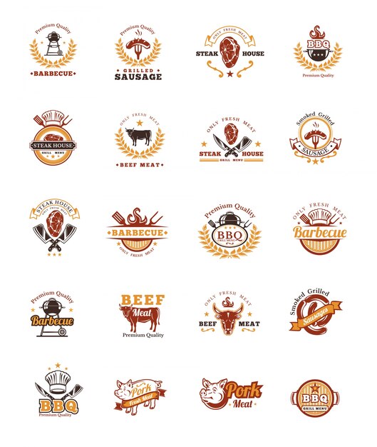 Zet grill en barbecue badges, stickers, emblemen