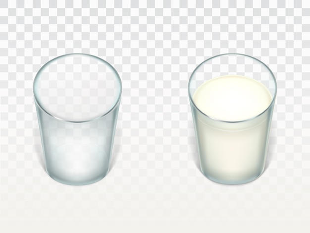 Zet met twee realistische glazen, schoon en leeg, gevuld met melk, room of yoghurt