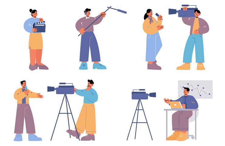Gratis Vector zet tv-medewerkers professionele massamedia-medewerkers in