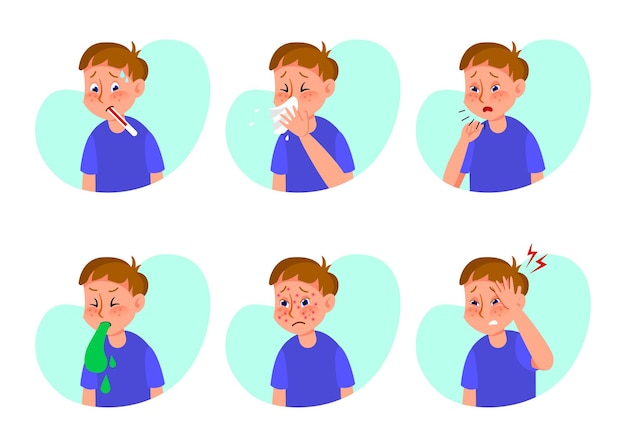 Zieke jongen met griep of verkoudheid platte illustraties set