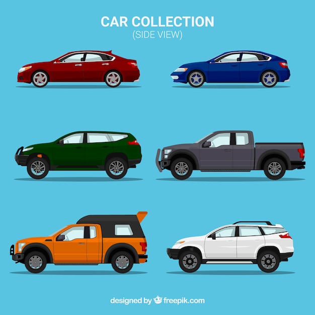 Gratis vector zijaanzicht collectie van zes verschillende auto's